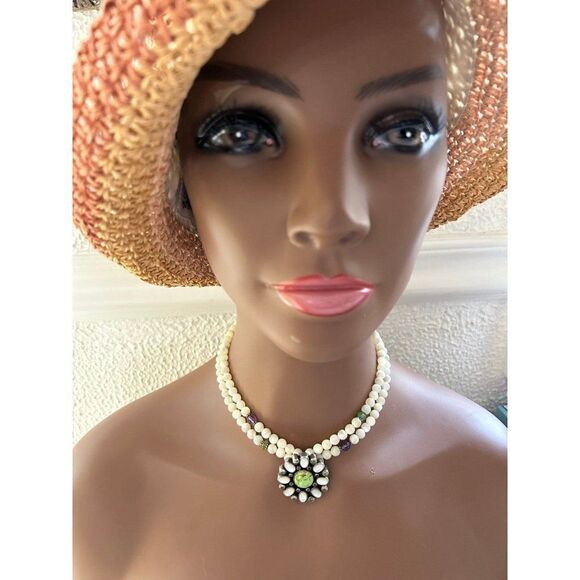 Stunning 925 Vintage Double Strand Flower Stones Necklace - Picture 9 of 9